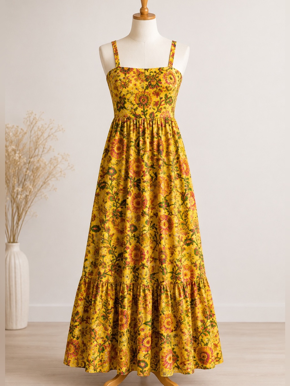 Band Of The Free Floral Maxi Dress with Square Neck XS Yellow